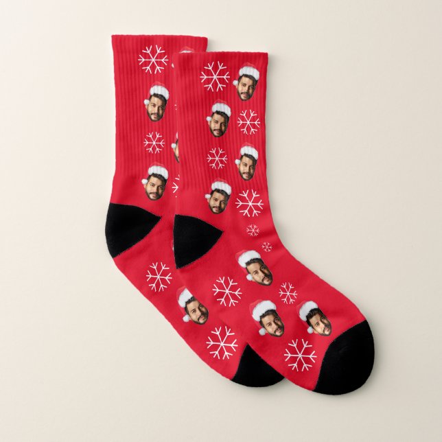 Funny Santa Face Photo & Snowflake Christmas Fun Socks (Pair)