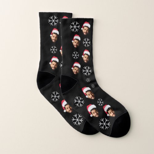 Funny Santa Face Photo  Snowflake Christmas Fun  Socks