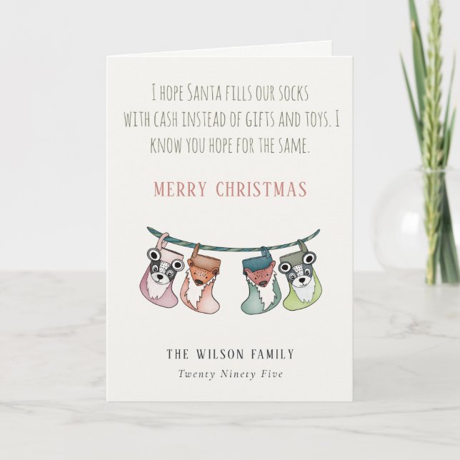 Funny Santa Fills Stockings With Cash Christmas Holiday Card (Front)