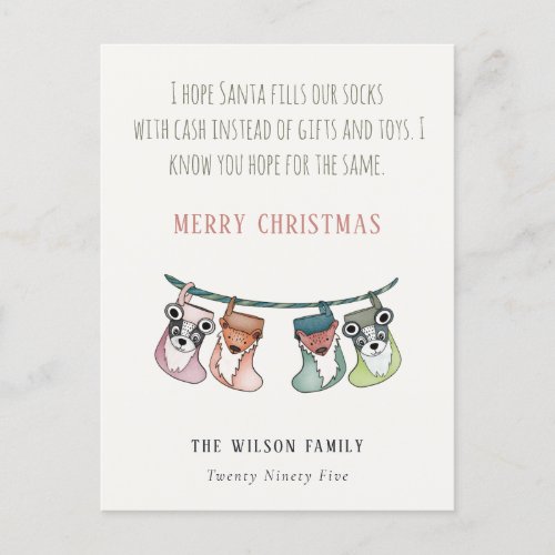 Funny Santa Fills Stockings With Cash Christmas Holiday Postcard