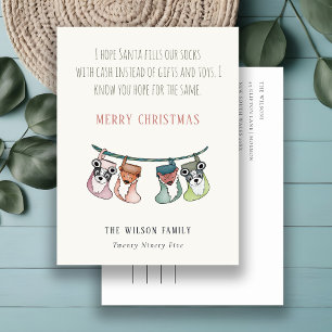 Funny Santa Fills Stockings With Cash Christmas Holiday Postcard