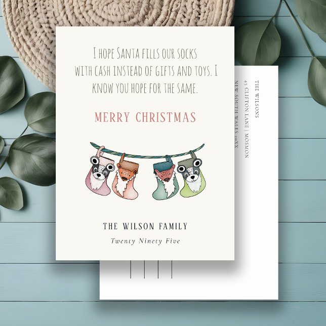 Funny Santa Fills Stockings With Cash Christmas Holiday Postcard (Creator Uploaded)