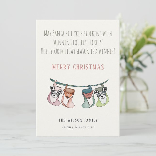 Funny Santa Fills Stockings With Lottery Christmas Holiday Card (Standing Front)