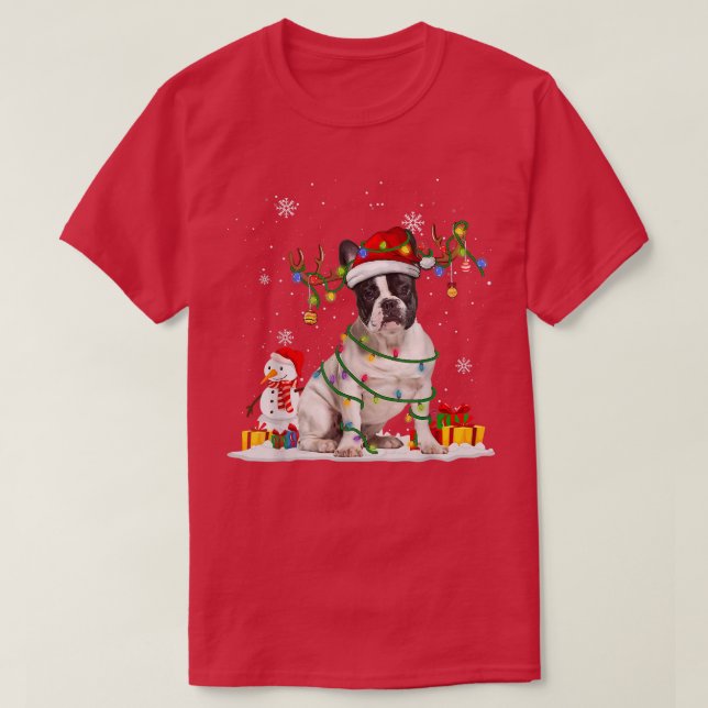 Funny Santa French Bulldog Reindeer Fairy Light Ch T-Shirt (Design Front)
