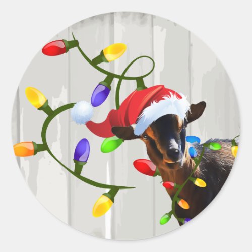 Funny Santa Goat and Christmas Lights Classic Round Sticker