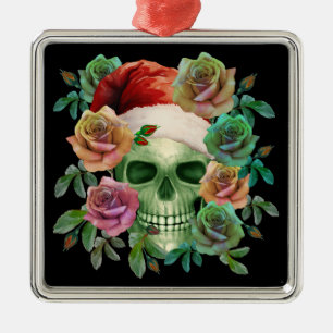 FUNNY SANTA GREEN SKULL AND CHRISTMAS FLORAL METAL ORNAMENT