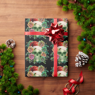 FUNNY SANTA GREEN SKULL AND CHRISTMAS FLORAL WRAPPING PAPER