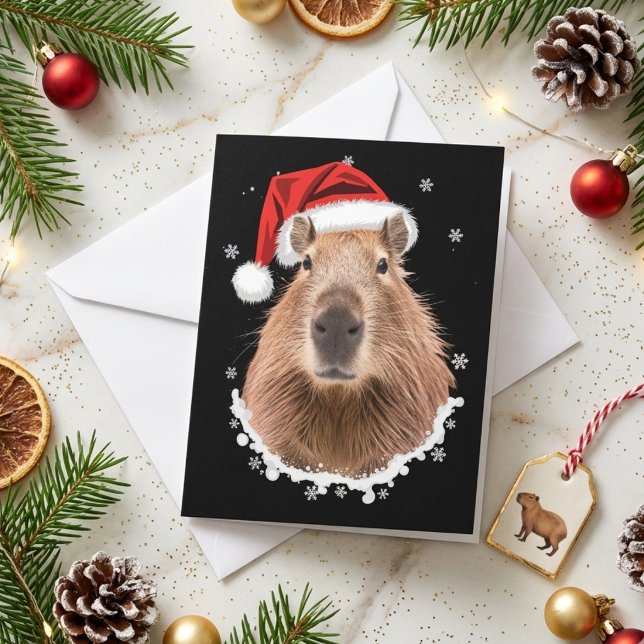 Funny Santa Hat Capybara Snowy Christmas Holiday Card (Creator Uploaded)