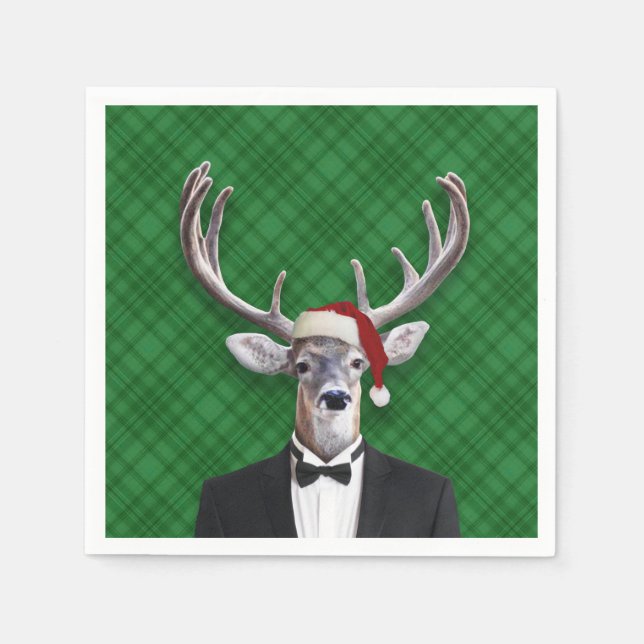 Funny Santa Hat Christmas Deer Green Plaid Napkins (Front)