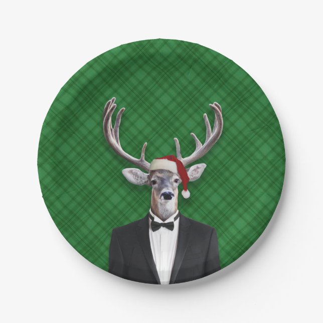 Funny Santa Hat Christmas Deer Green Plaid Paper Plates (Front)