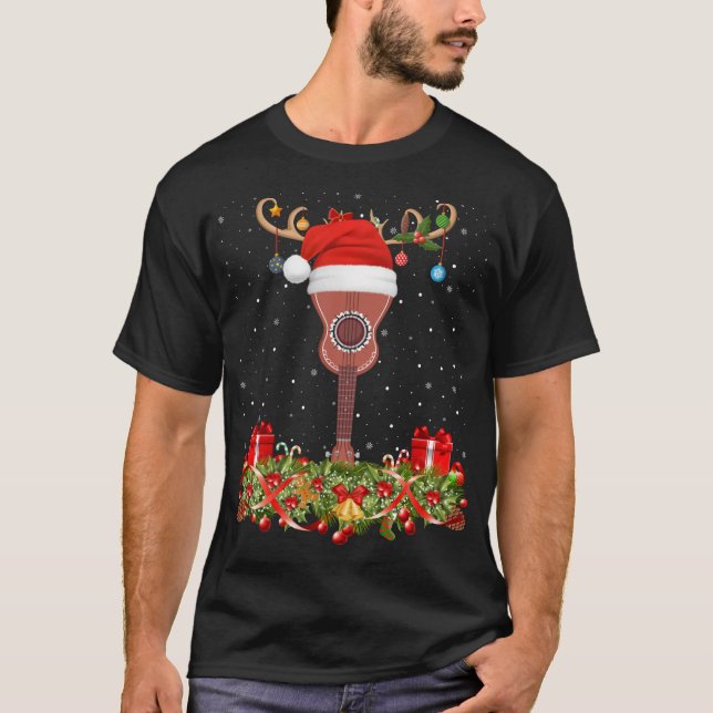 Funny Santa Hat Raindeer Ukulele Guitar Christmas T-Shirt (Front)