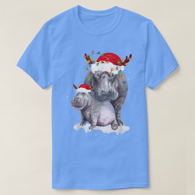 Funny Santa Hippo Christmas Lights Lover Christmas T-Shirt (Design Front)