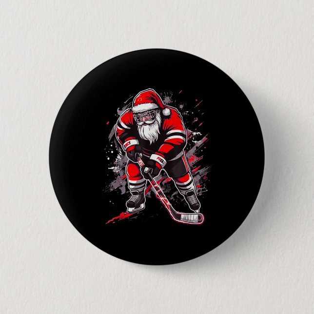 Funny Santa Hockey Christmas Retro Winter Player X Button (Front)