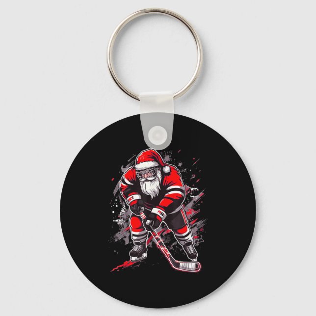 Funny Santa Hockey Christmas Retro Winter Player X Keychain (Front)
