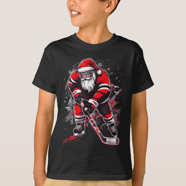 Funny Santa Hockey Christmas Retro Winter Player X T-Shirt (Front)