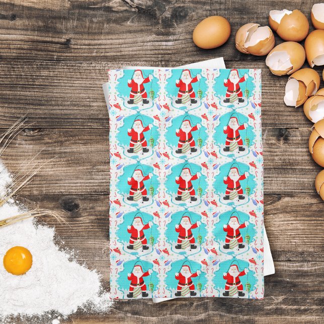 Funny Santa Ice Fishing With Polar Bear Pattern Kitchen Towel (Decorate your kitchen with reel fun for the fishing family!)