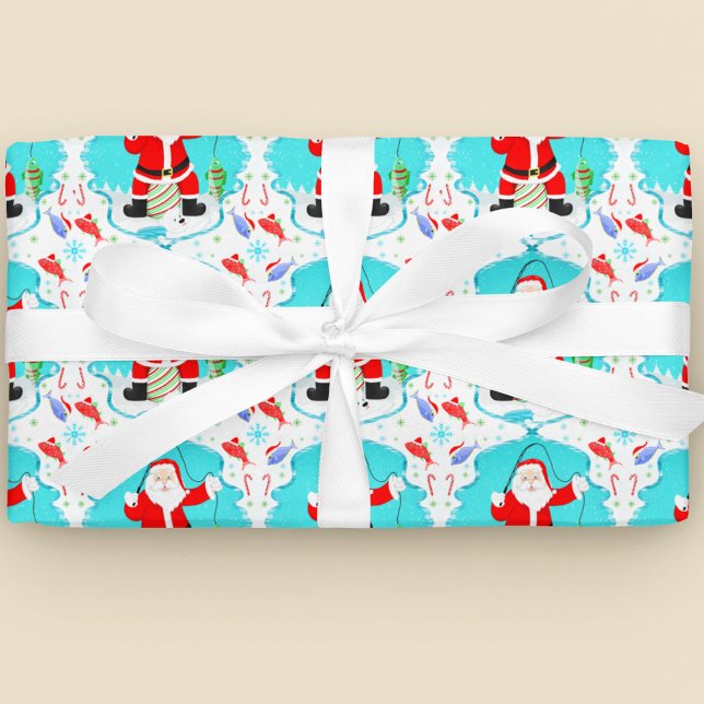 Funny Santa Ice Fishing With Polar Bear Pattern Wrapping Paper (Creator Uploaded)