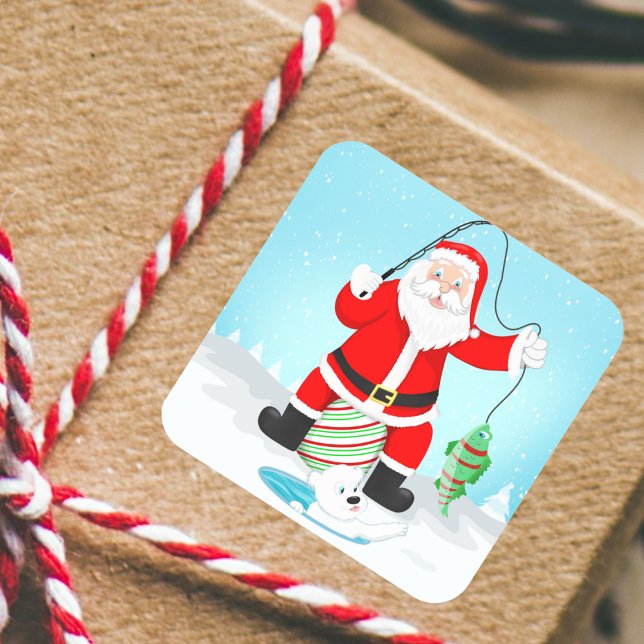 Funny Santa Ice Fishing With Polar Bear Square Sticker (Great sticker for decorating gifts, arts and crafts and favor bags!)