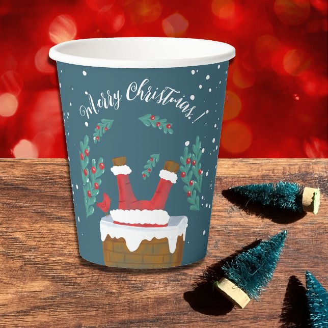 Funny Santa in Chimney Blue Christmas Paper Cups (Funny Santa blue Christmas paper cups .)