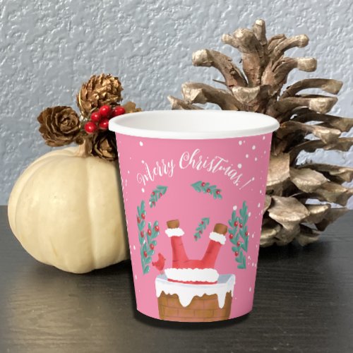 Funny Santa in Chimney Pink Paper Cup