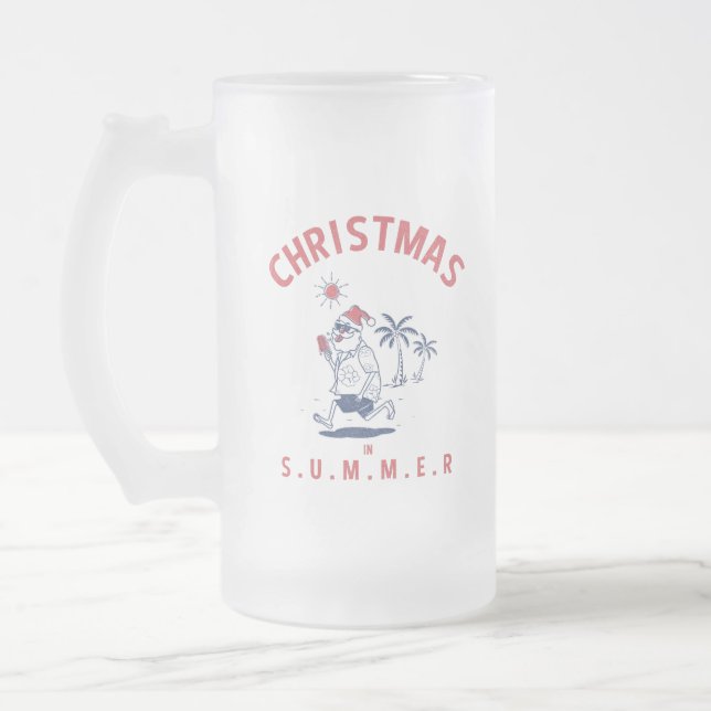 Funny Santa In Summer Christmas In July Frosted Glass Beer Mug (Left)