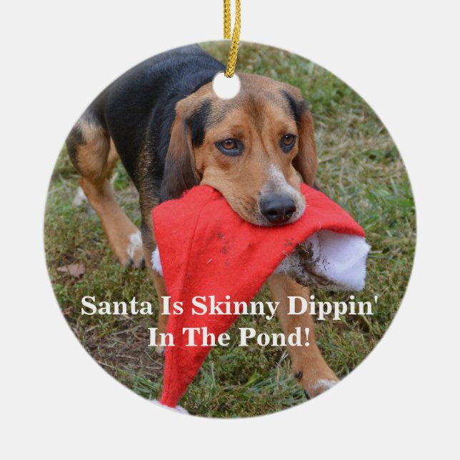 Funny Santa Is Skinny Dippin' In The Pond! Beagle Ceramic Ornament (Front)