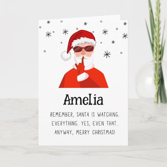Funny Santa is Watching Name Merry Christmas Holiday Card (Front)