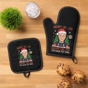 Funny Santa Joe Biden Merry Uh Uh Christmas Ugly Oven Mitt & Pot Holder Set