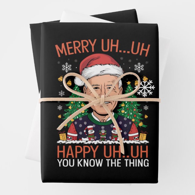 Funny Santa Joe Biden Merry Uh Uh Christmas Ugly Wrapping Paper Sheets (In situ)