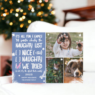 Funny Santa naughty list 3 photos blue Christmas Holiday Card