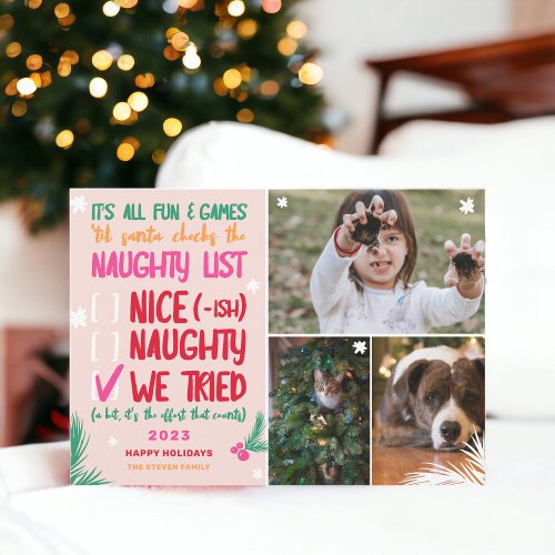 Funny Santa naughty list 3 photos bright Christmas Holiday Card
