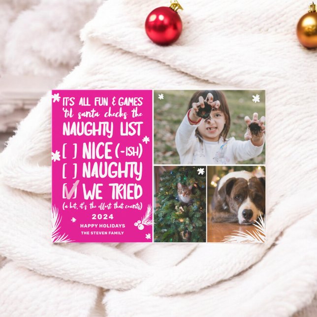 Funny Santa naughty list 3 photos pink Christmas Holiday Card (Funny Santa naughty list 3 photos pink Christmas Holiday Card)