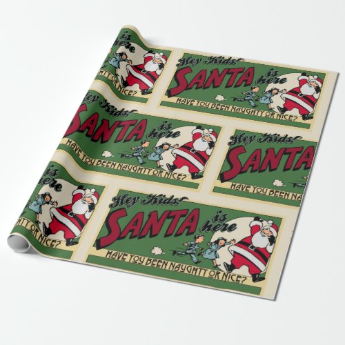 Funny Santa Naughty or Nice Text Retro Christmas Wrapping Paper