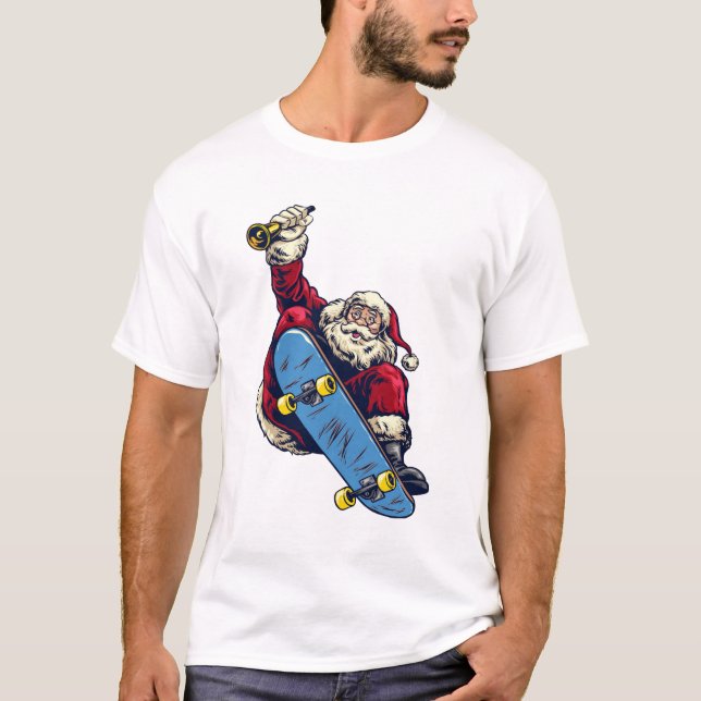 Funny Santa on Skateboard Merry Christmas Holiday T-Shirt (Front)