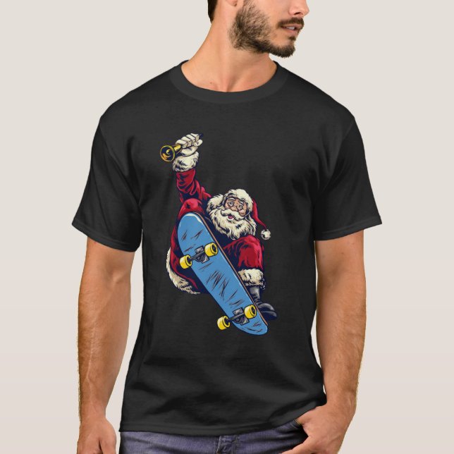Funny Santa on Skateboard Merry Christmas Holiday T-Shirt (Front)