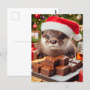 Funny Santa Otter With Brownies for Christmas Postcard