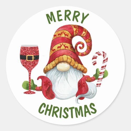 Funny Santa Party Gnome Classic Round Sticker