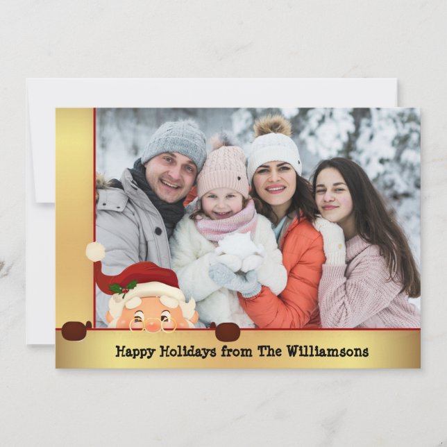 Funny Santa Photo Bombs Gold Frame Christmas Photo Holiday Card (Front)