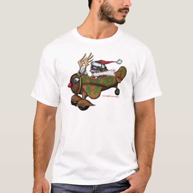 Funny Santa pilot on Rudolph plane t-shirt design (Front)