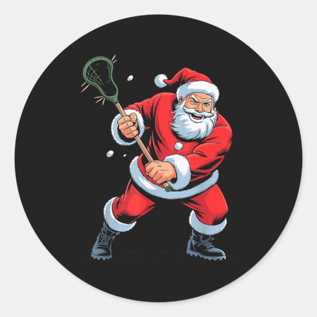 Funny Santa Playing Lacrosse Holiday Christmas Xma Classic Round Sticker (Front)