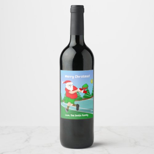 Funny Santa Playing Pickleball Merry Christmas  Wine Label