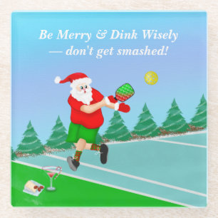 Funny Santa Playing Pickleball Merry Volley Xmas Glass Coaster