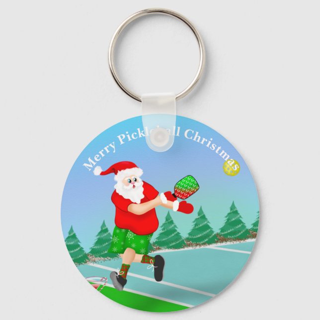 Funny Santa Playing Pickleball Merry Volley Xmas K Keychain (Front)