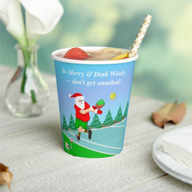 Funny Santa Playing Pickleball Merry Volley Xmas Paper Cups (Insitu)