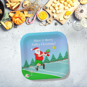 Funny Santa Playing Pickleball Merry Volley Xmas Paper Plates