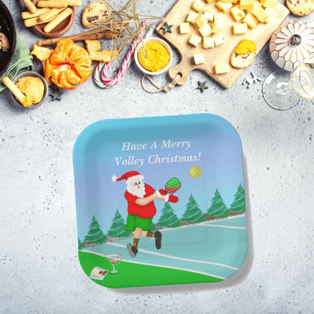 Funny Santa Playing Pickleball Merry Volley Xmas Paper Plates (Creator Uploaded)
