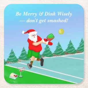 Funny Santa Playing Pickleball Merry Volley Xmas Square Paper Coaster