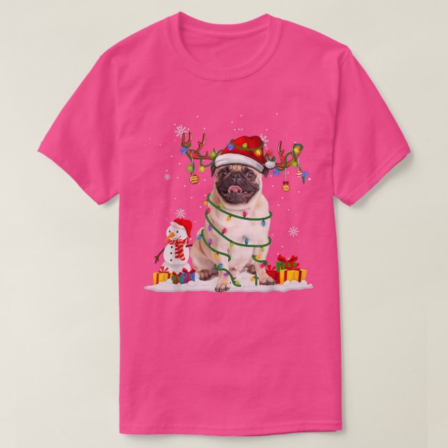 Funny Santa Pug Reindeer Fairy Light Merry Christm T-Shirt (Design Front)