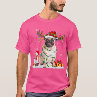 Funny Santa Pug Reindeer Fairy Light Merry Christm T-Shirt