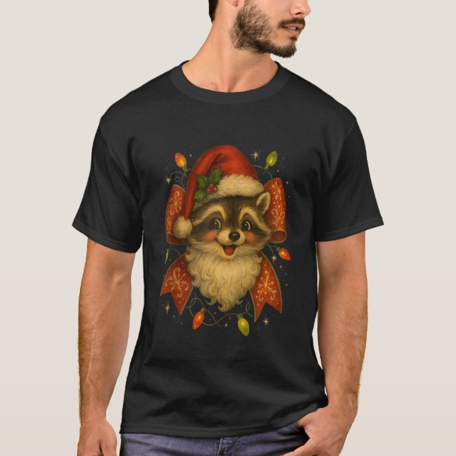Funny Santa Raccoon in Santa Hat Holiday cute bow  T-Shirt (Front)